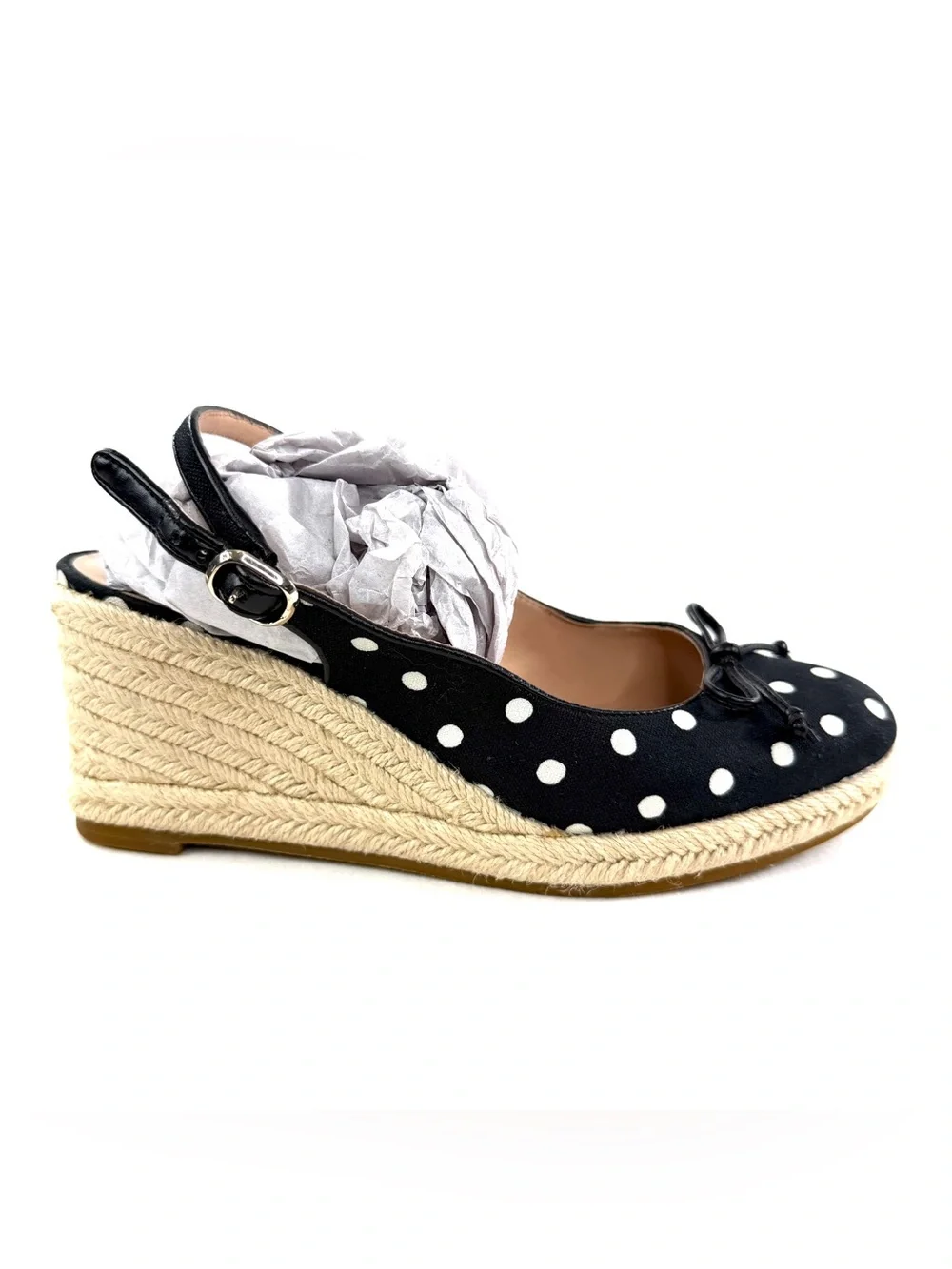 KATE SPADE Panama Women Size 6.5 Black White Polka Dot Espadrille Wedge Shoe - Picture 1 of 9